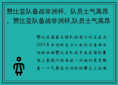 赞比亚队备战非洲杯,队员士气高昂,赞比亚队备战非洲杯,队员士气高昂吗